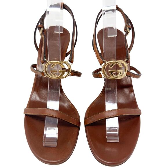 Gucci GG Logo White Gold Cognac Tan Brown Leather Strappy Heels Sandals US 8 - Picture 2 of 10